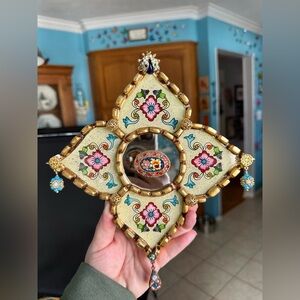 Vintage Floral Tin & Millefiori Mosaic Wall Art Gold Boho Mirror Assemblage 8x8”